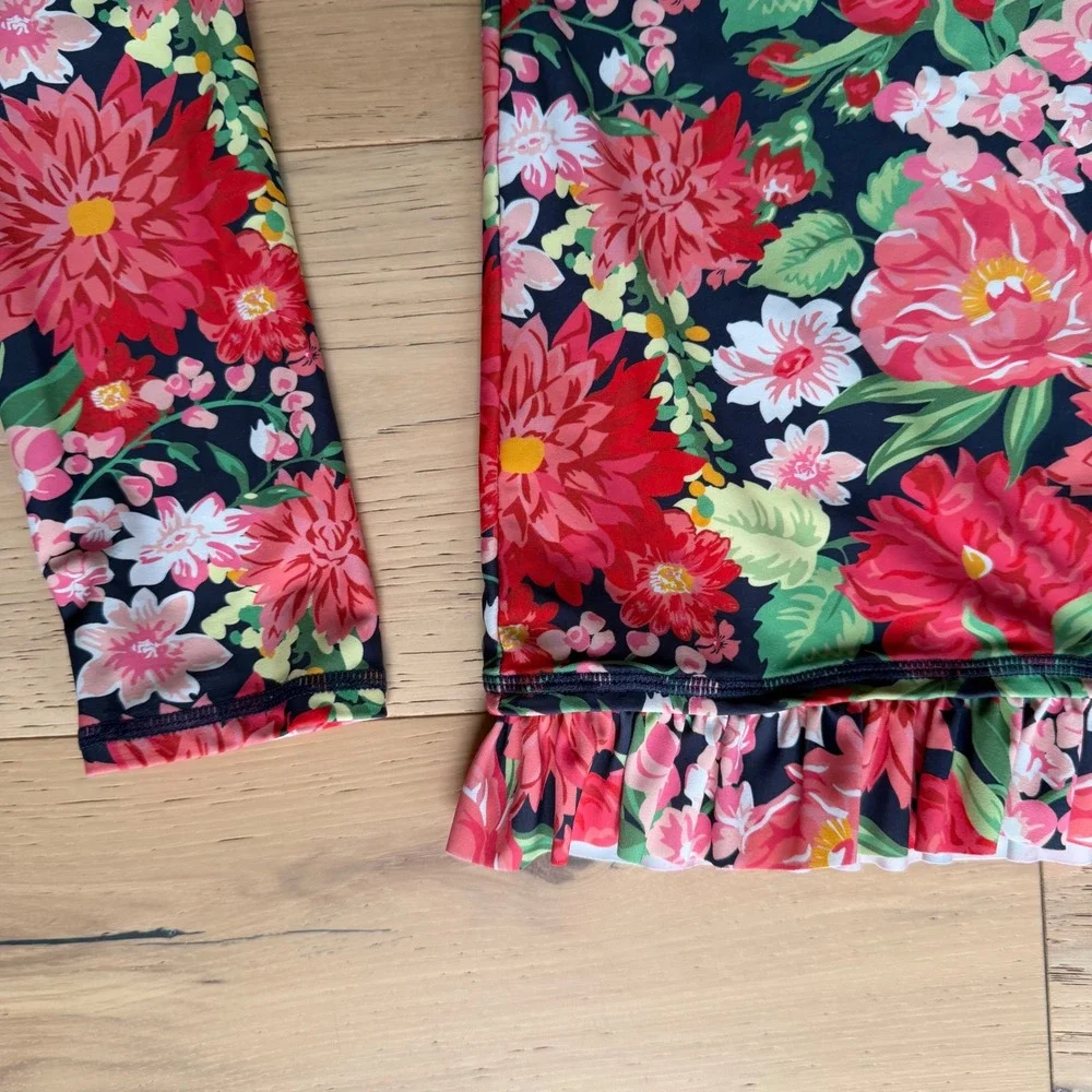 RuffleButts Girls Floral Long Sleeve Rash Guard Swim Shirt Red Pink Navy Size 10